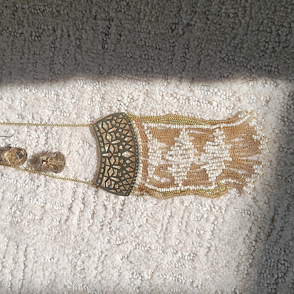 Stella & Dot Gold Tribal Aztec Beaded Necklace And Topaz Color Earrings Set